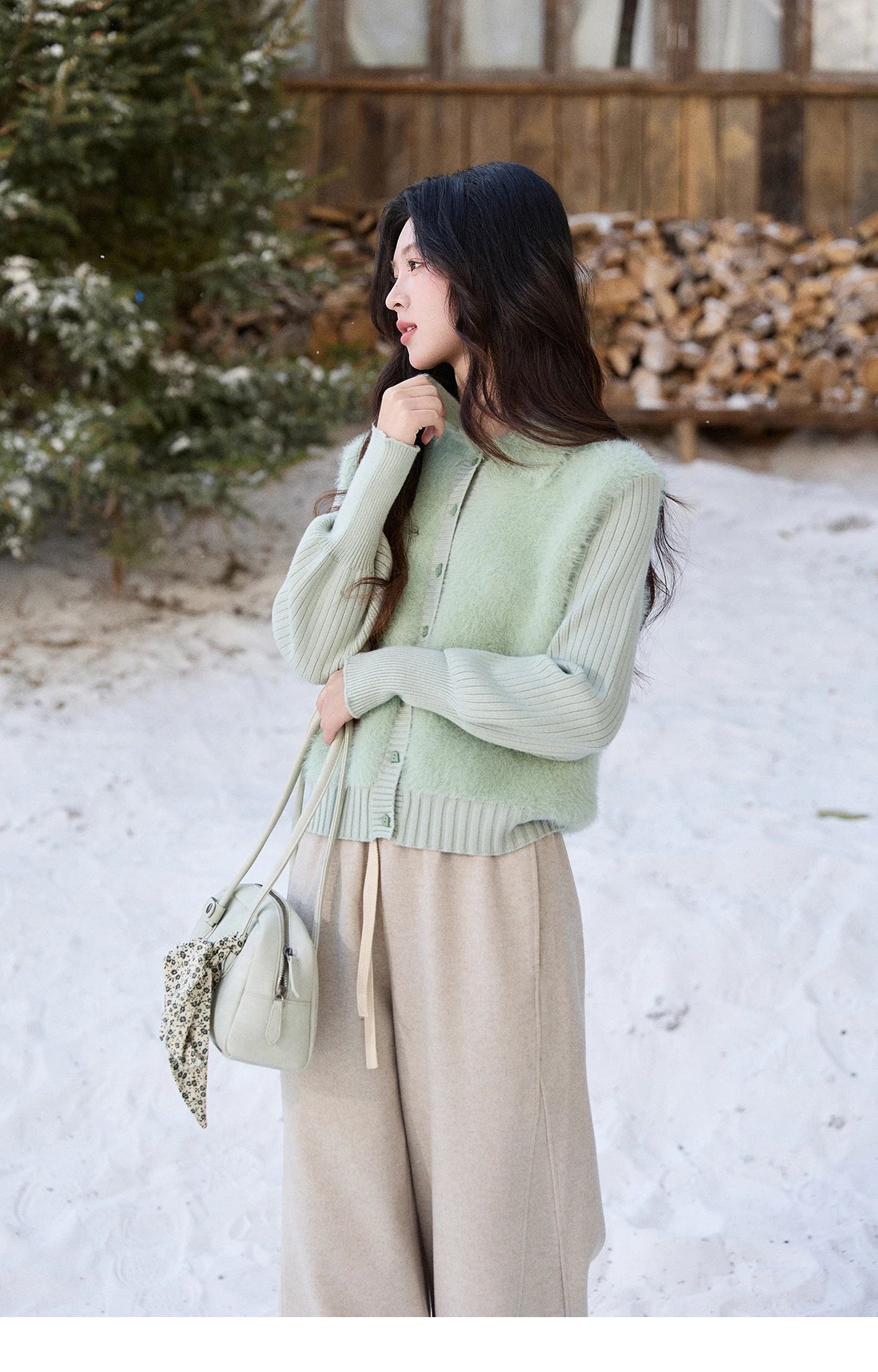 MISHOW Women's Green Faux Mink Fur Patchwork Knitted Cardigan Winter Lapel Warm Soft Knit Top single-breasted sweater MXE86Z2764