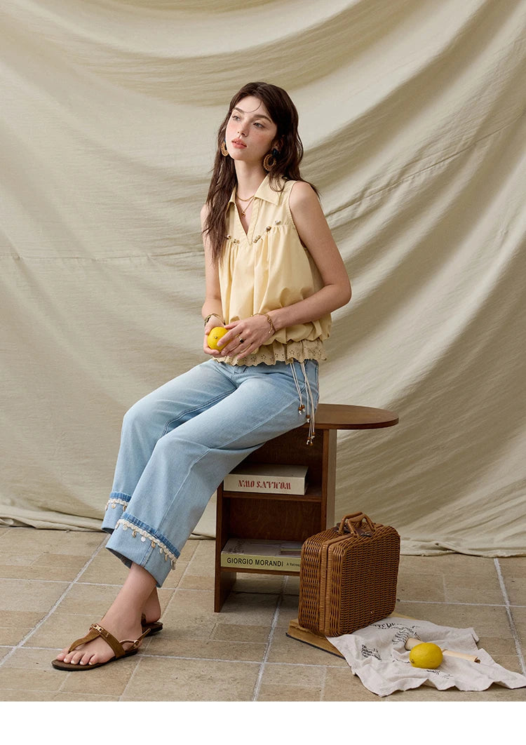 MISHOW Office Lady New Blouse Women Summer New Sleeveless Turn-down Collar Hollow Lace Shirts Female Slimming Fashion MXE31X1760