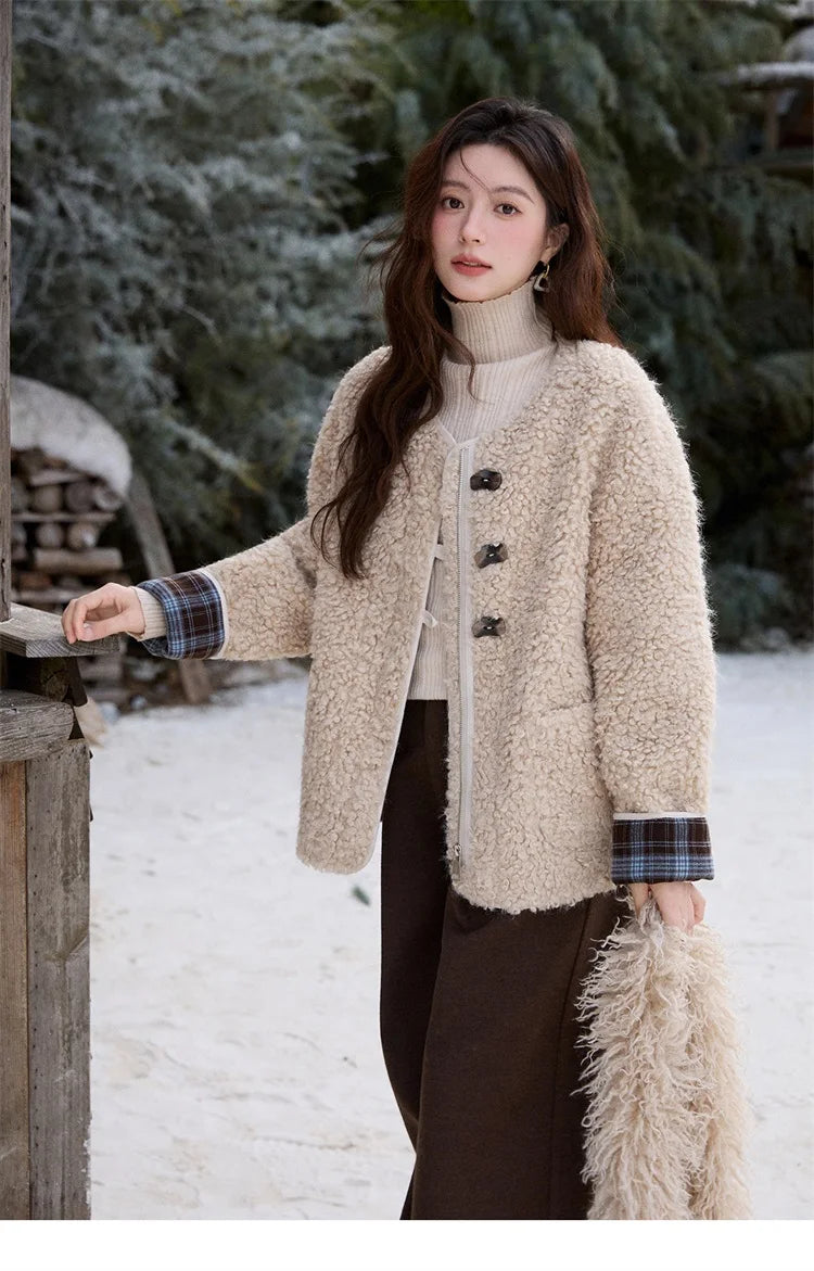 MISHOW Plaid Patchwork Curly Lambswool Coat Winter 2025 Women's Fashion Coat Double-Front Retro Casual Loose Jacket MXE87W0939