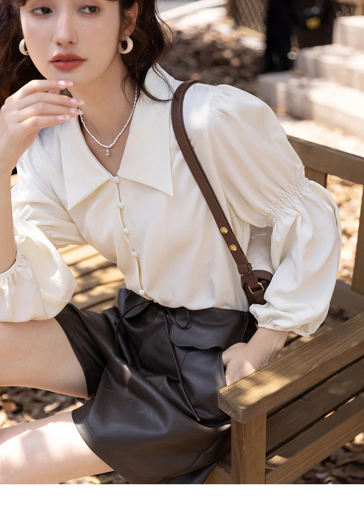 MISHOW Elegant Women's Blouse Autumn Vintage French Lantern Sleeves Turndown Collar Shirt Office Lady Female Clothing MXB32C0508