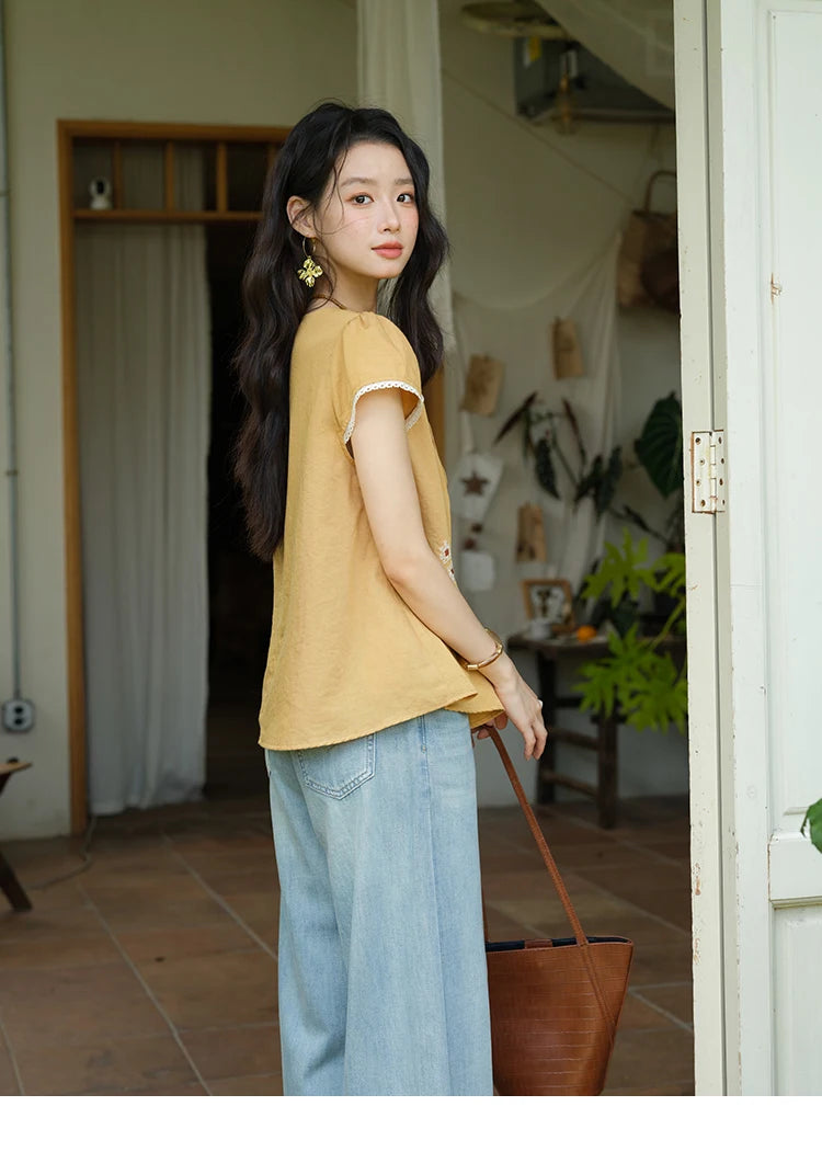 MISHOW Fashion Embroidery Flower Blouses for Woman 2025 Summer O-Neck Lace Up Flying Sleeve Lace Spliced Loose Top MXE39X1880