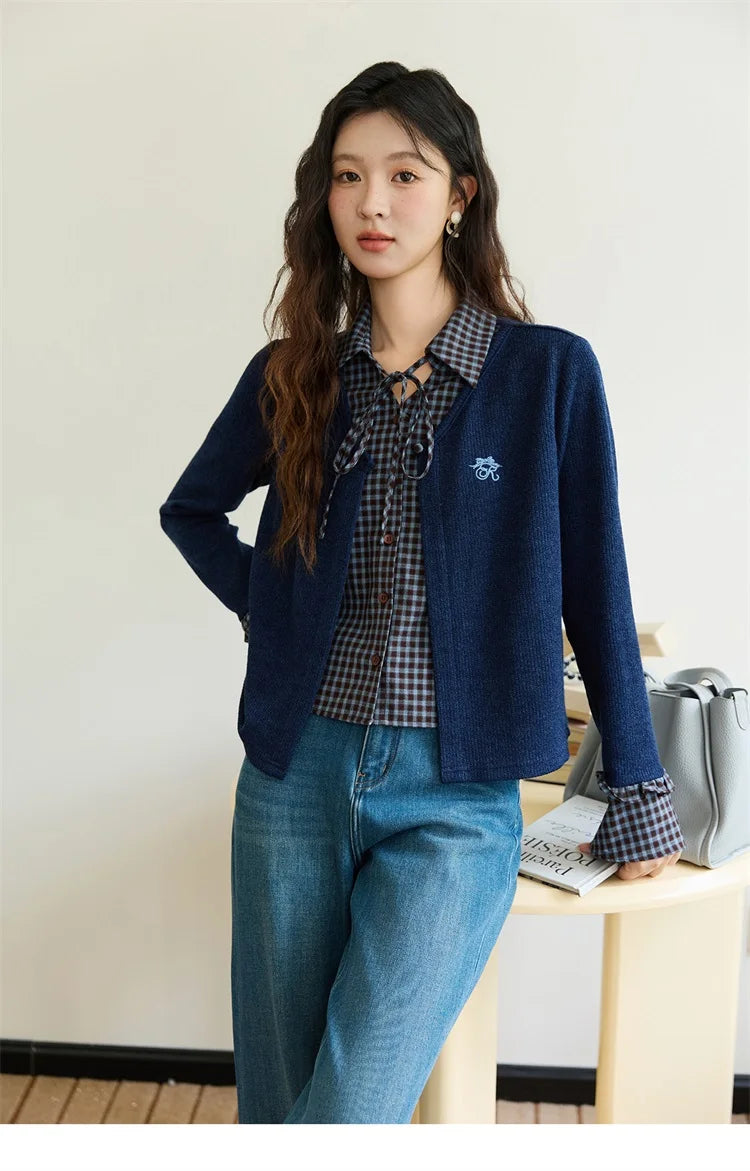 MISHOW Women's Fake Two Knitted Sweaters 2025 Autumn Plaid Splicing Embroidered Tops Retro Lapel Flare Sleeve Tops MXE45Z1401