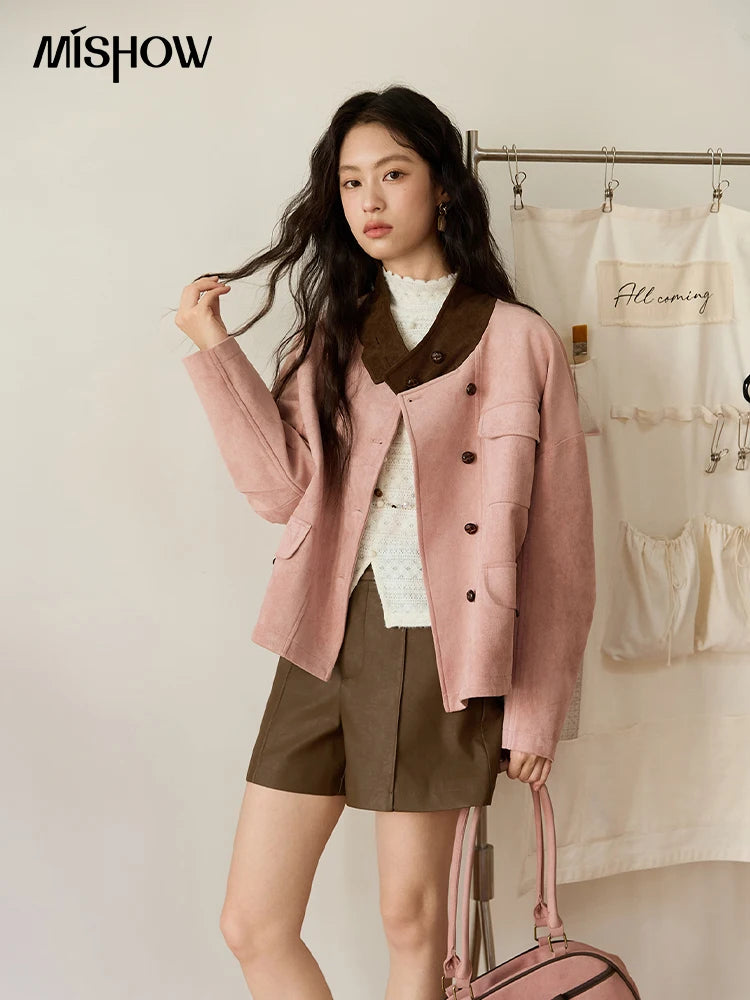 MISHOW Woman Jacket 2025 Autumn French Style Pink Coffee Suede Jacket Contrast Color Stand Collar Loose Short Coat MXE48W0851