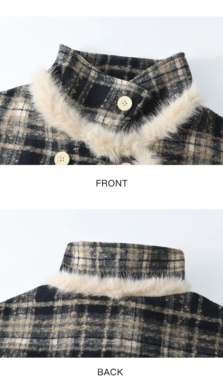 Mishow Vintage Plaid Fur Collar Stand Collar Jacket MXD36W0503