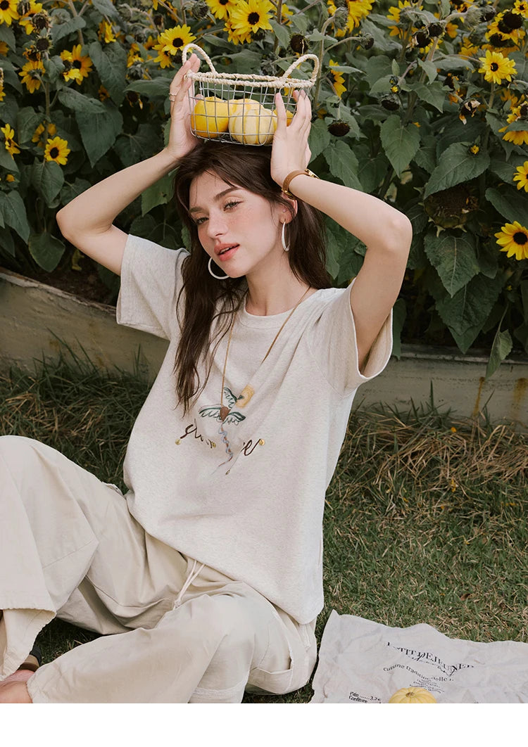 MISHOW Casual Summer Print Shirts Women 2025 Short Sleeve Round Neck Coconut Tree Straight T-shirts Woman Versatile MXE31T0520