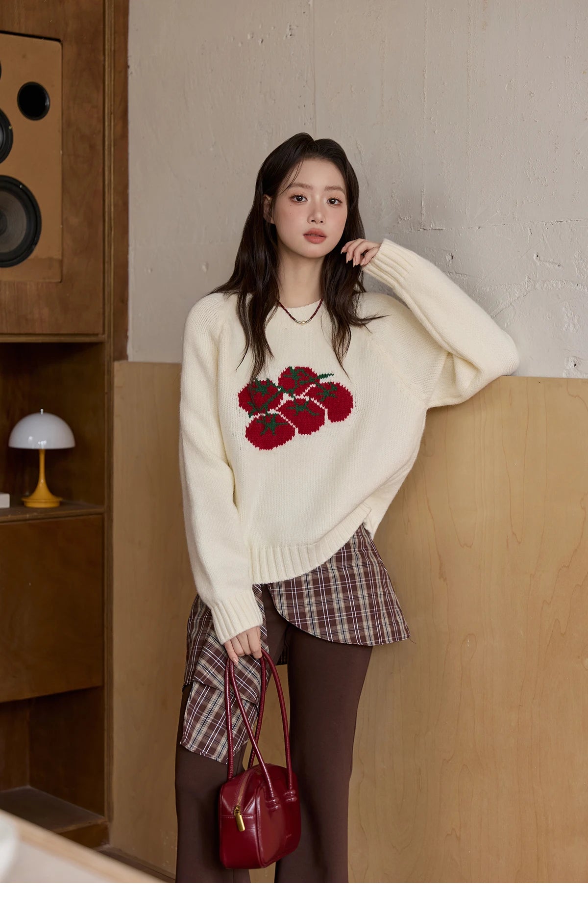 MISHOW Women's Off-white Sweater 2025 Winter new Tomato Jacquard Long-sleeved Sweater Loose Casual Knitted Pullover MXE51Z2692