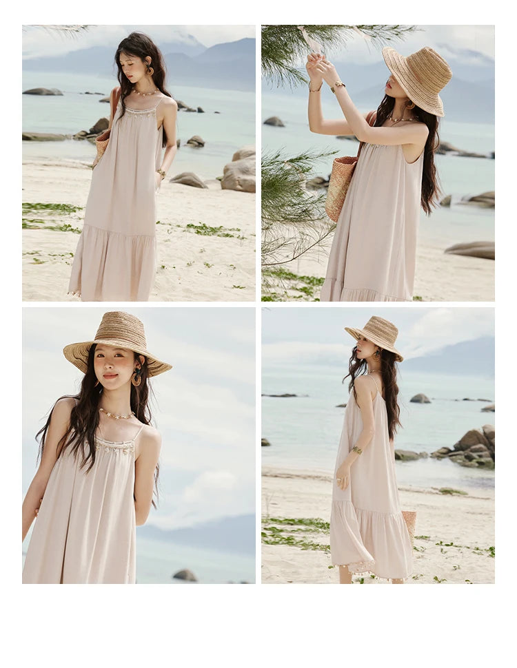 MISHOW Lotus Pink Camisole Dress for Women Summer 2025 Sleeveless Solid Shell Ribbon Dresses Female Fashion Shirring MXE33L2156