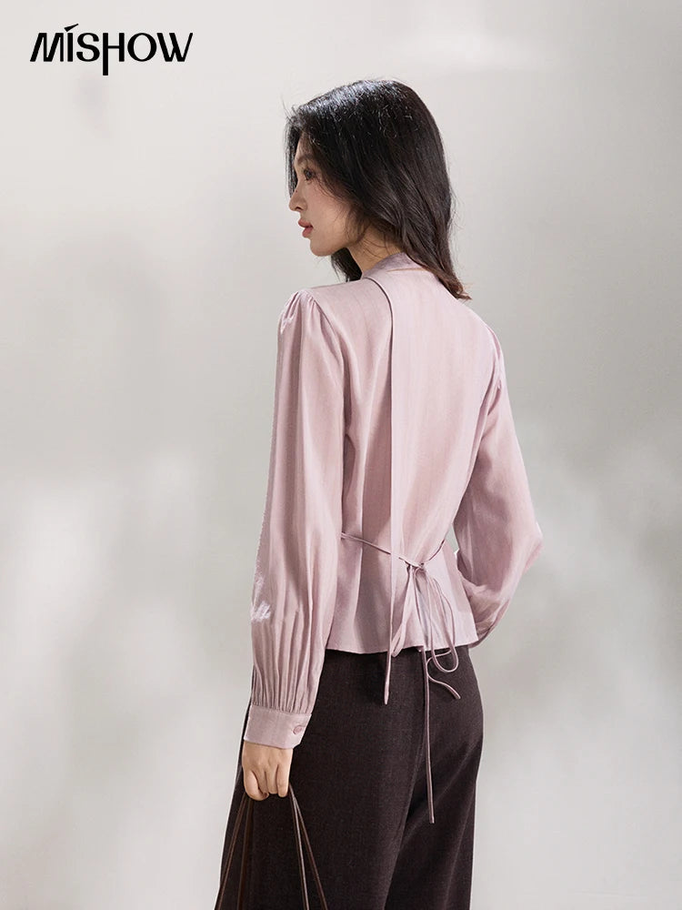 MISHOW Women's Purple Sweet Shirts 2026 Spring Ribbon V-Neck Ruffled Asymmetrical Shirt Back Lace-up Waist Casual Top MXF13X2527