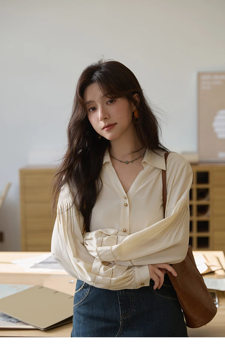 MISHOW Women's Shirt Lantern Sleeve Hollow Out Tops 2025 Autumn Single Breasted Solid Shirts Lapel Shirt Office Lady MXE41C2359