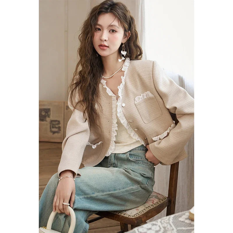 MISHOW French Fragrant Coat Solid Skirt Separately 2025 Spring Collar Pocket Splicing Lace Top Hem Split Back Skirt MXD12W0274