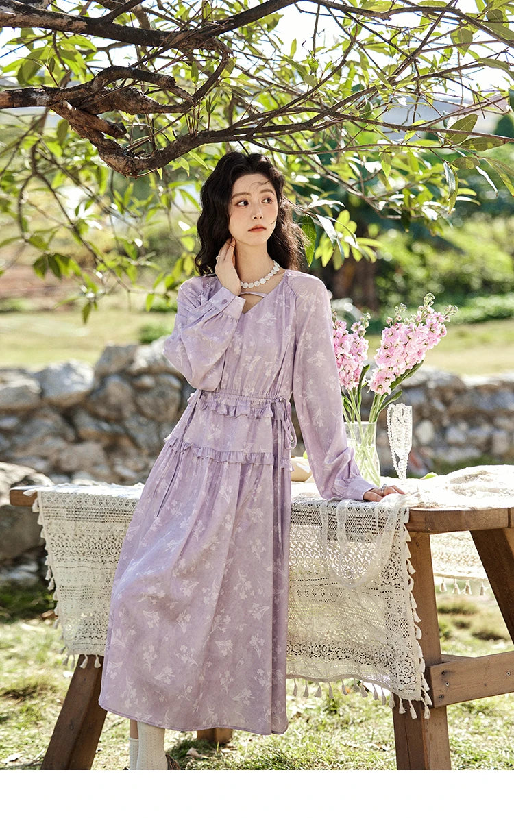 MISHOW Elegant Black Fungus Edge Dress for Women Spring 2025 Floral Lace-up Waist Dresses Long Sleeved Cake Dress MXE13L2101