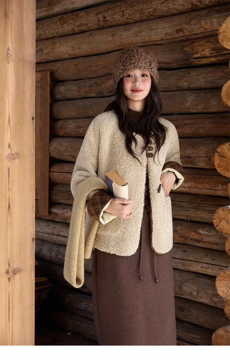 MISHOW Woman Plaid Patchwork Lamb Wool Coat 2025 Winter Round Neck Coat Commute Warm Loose Jacket （Without A Scarf）MXE90W0923