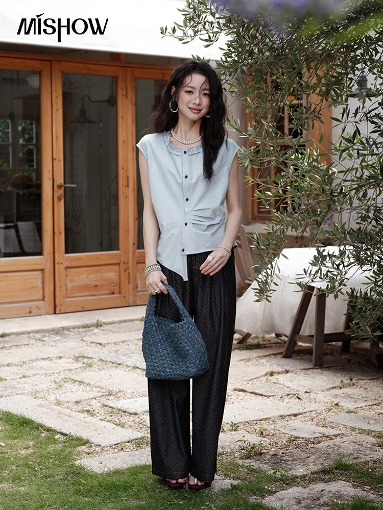 MISHOW Women's Casual Round Neck Shirt 2025 Summer New Office Lady Slim Shirt Sleeveless Button Top Female Clothing MXE38X1864