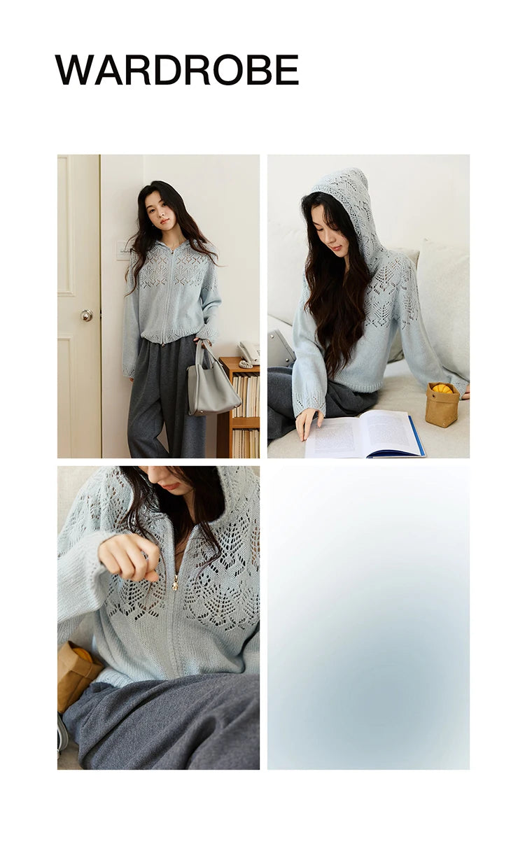 MISHOW Women's Autumn Cardigan 2025 New Loose Blue Hollow Knitted Cardigan Commute Hooded Short Zipper Sweater MXE46Z2584