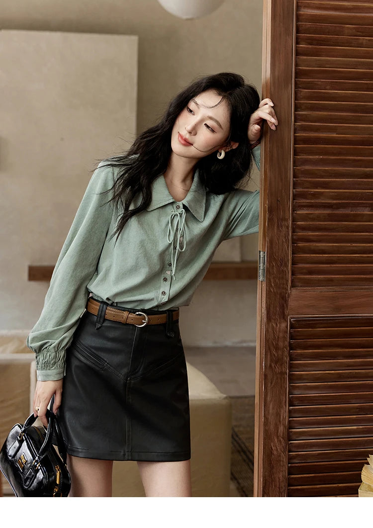 MISHOW Vintage Green Blouse Bow Lace-Up Lantern Sleeve MXD44C0337