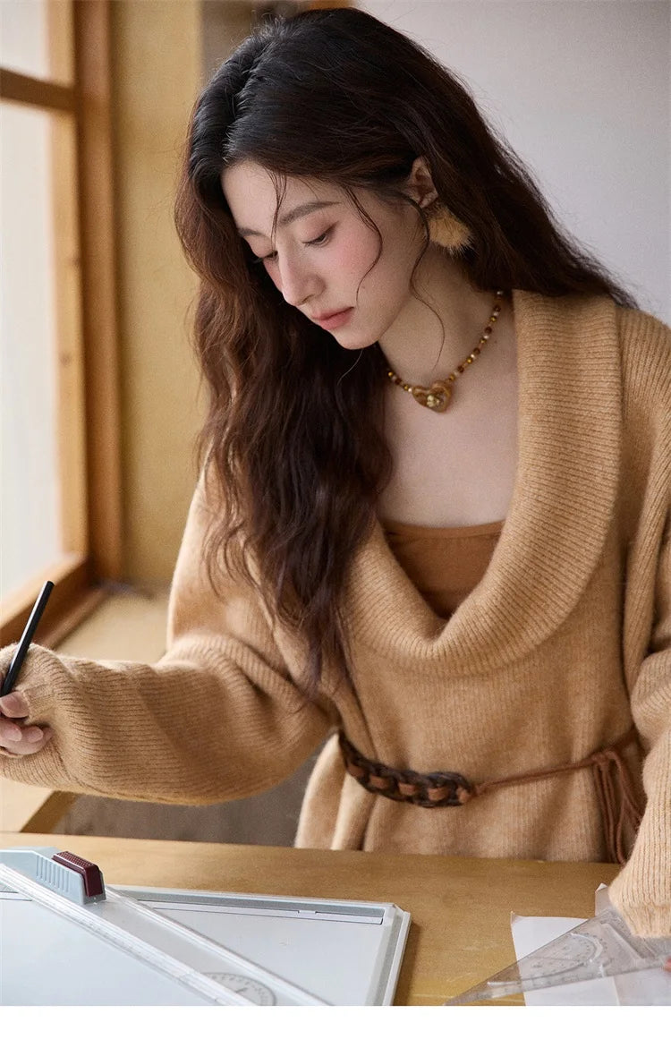 MISHOW Women's Orange Sweater 2025 Winter French Style Luxury Loose Long-sleeved Sweater Vest Belt Three-piece Set  MXE86T1437