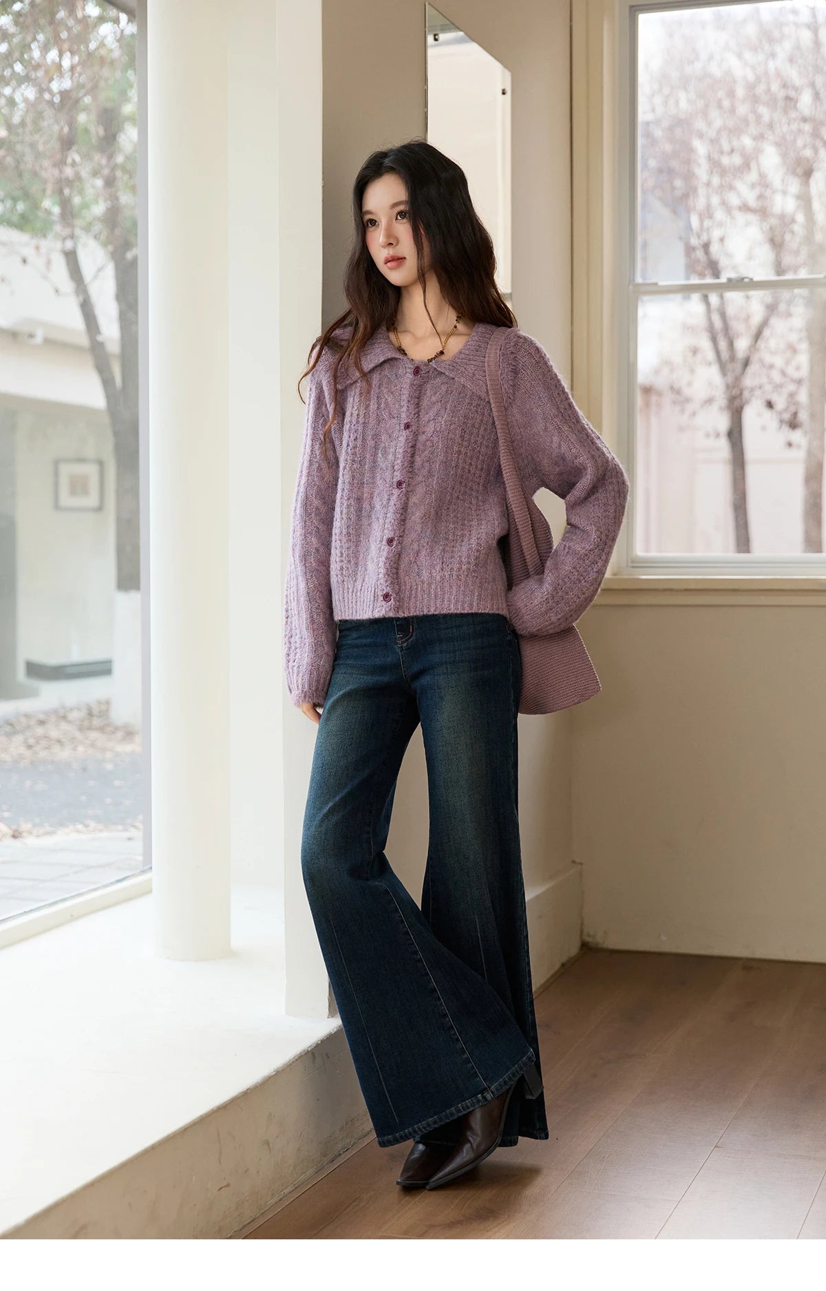 MISHOW Cardigans Ladies 2025 Winter Loose Retro Purple Turn-down Collar Imitation Mink Sweater Commute knit Top MXE88Z2616