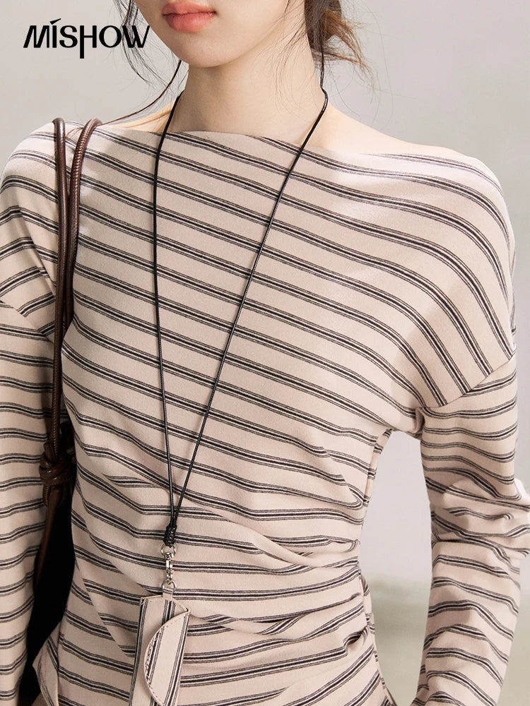 MISHOW Striped Boat Neck Long Sleeve Tops 2026 Spring Ruched Side SlimCasual Soft Breathable T-Shirt with Necklace MXF13T1514