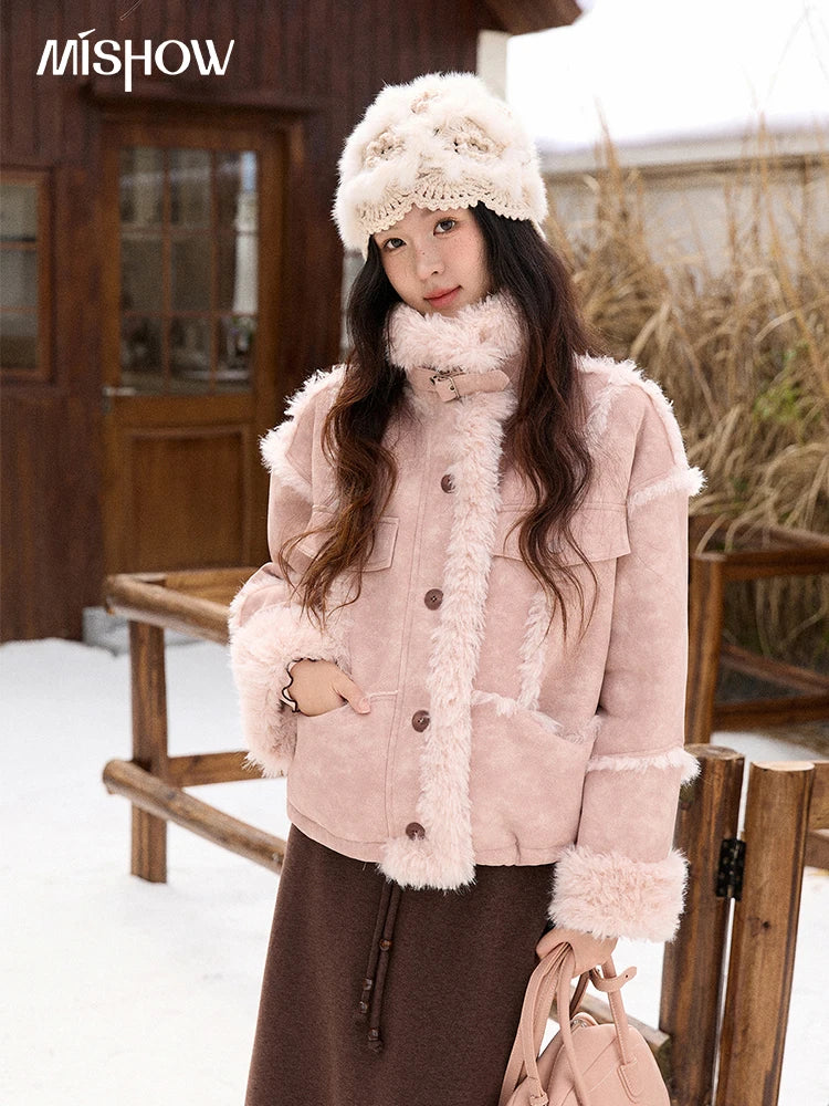MISHOW Women's Pink Jacket 2025 Winter French Style Stand Collar Plush Patchwork Coat Windproof Warm Coat Woman MXE51W0911