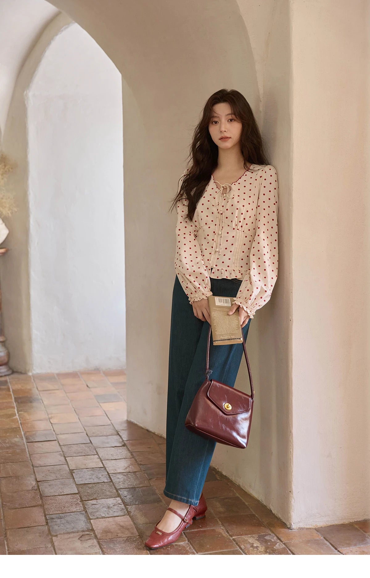 MISHOW Apricot Bottom Red Polka Dot Shirt for Women Autumn 2025 Korean Ruffled Edges Shirts V-neck Lace-up Sweet Top MXE42X1971