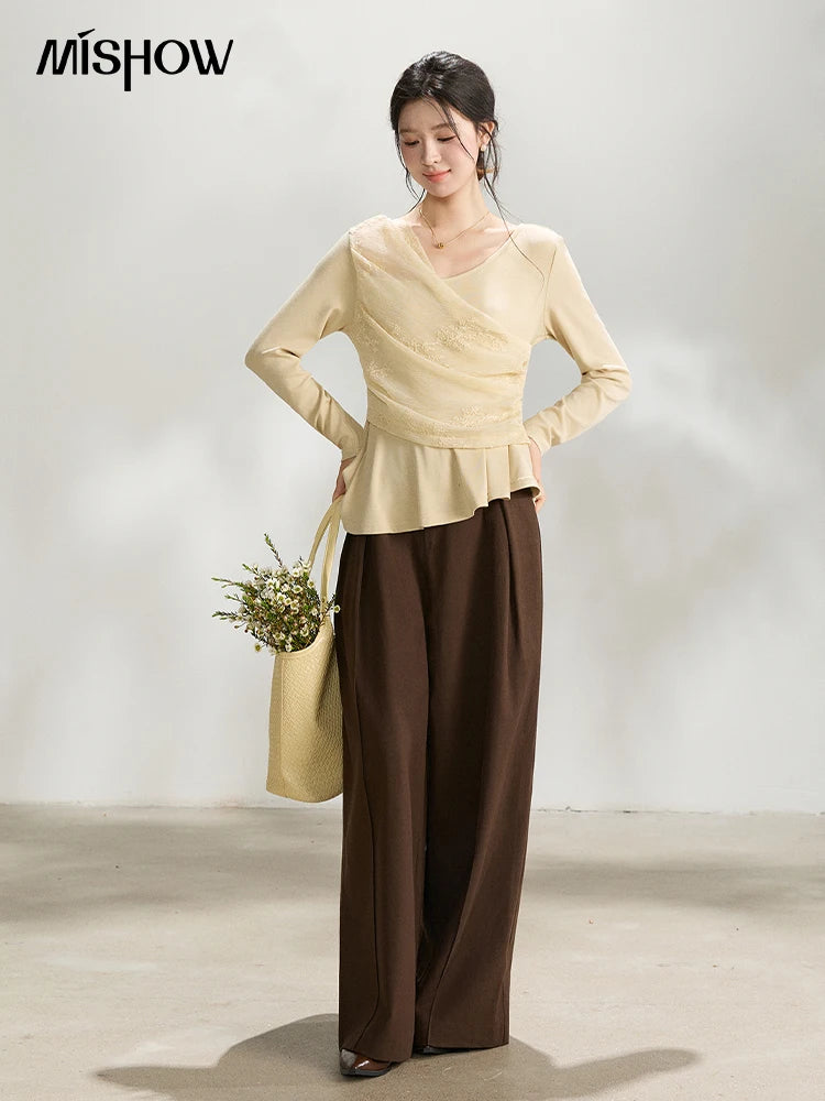 MISHOW Women's Asymmetric Lace Patchwork Tops 2026 Spring V Neck Long Sleeve Top Ruched Waist Ruffled Hem Casual Tees MXF11Z2942