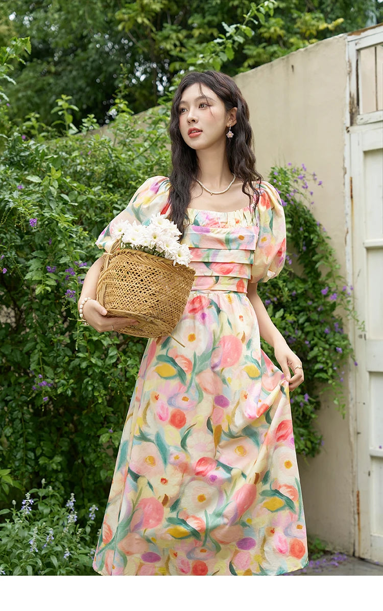 MISHOW French Tulip Fragmented Flower Dresses for Women 2024 Summer Beach Vacation Puff Sleeve Sweet Elegant Dresses MXD28L1896