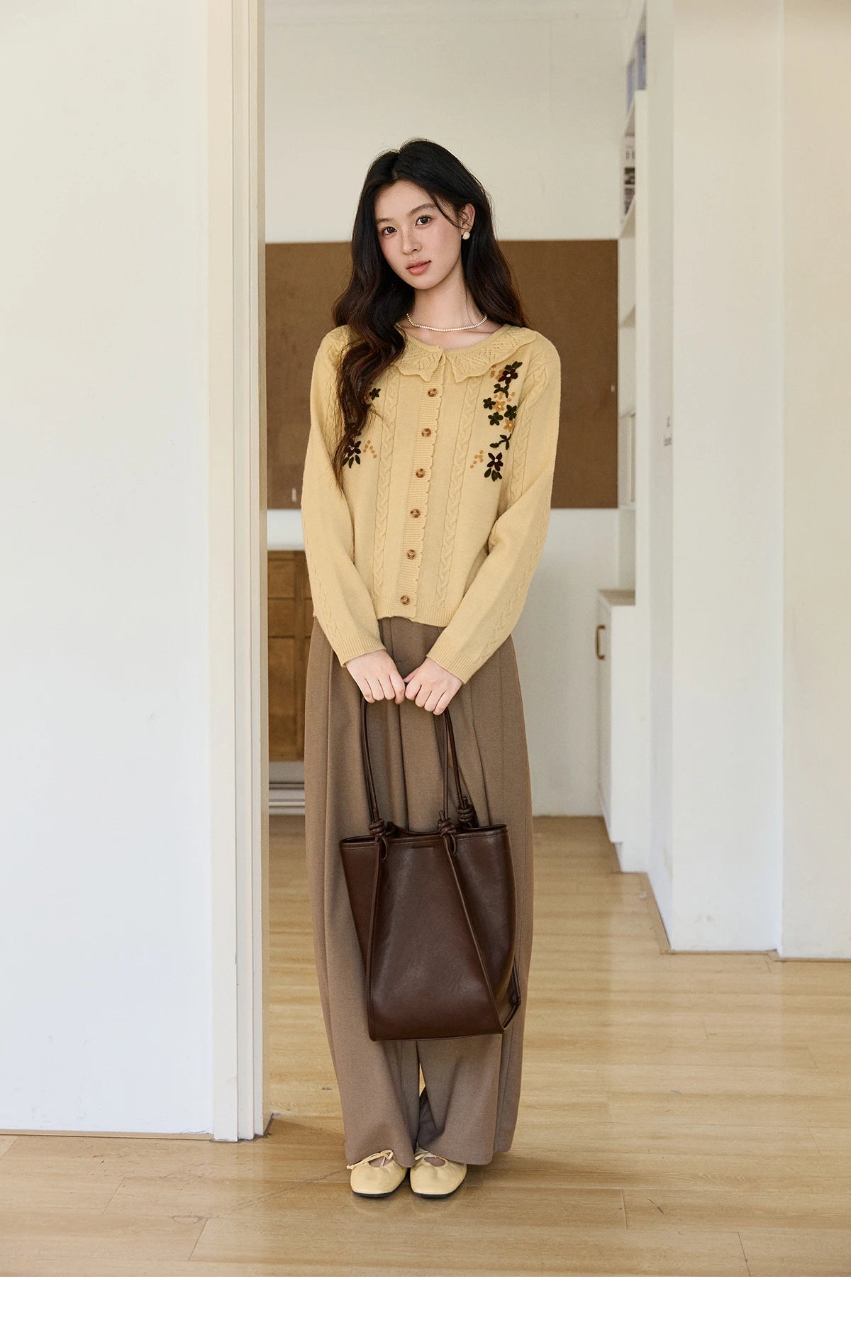 MISHOW Women's Cable Knit Cardigan Spring Peter Pan Collar Floral Embroidery Sweater Long Sleeve Casual Loose Tops MXF11Z2904