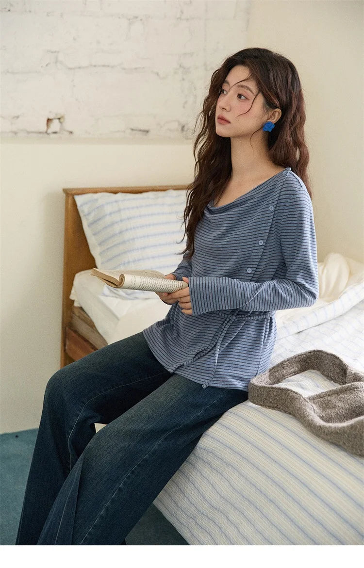 Mishow Retro Crew Neck Tie-Up Striped Top MXE87Z2700