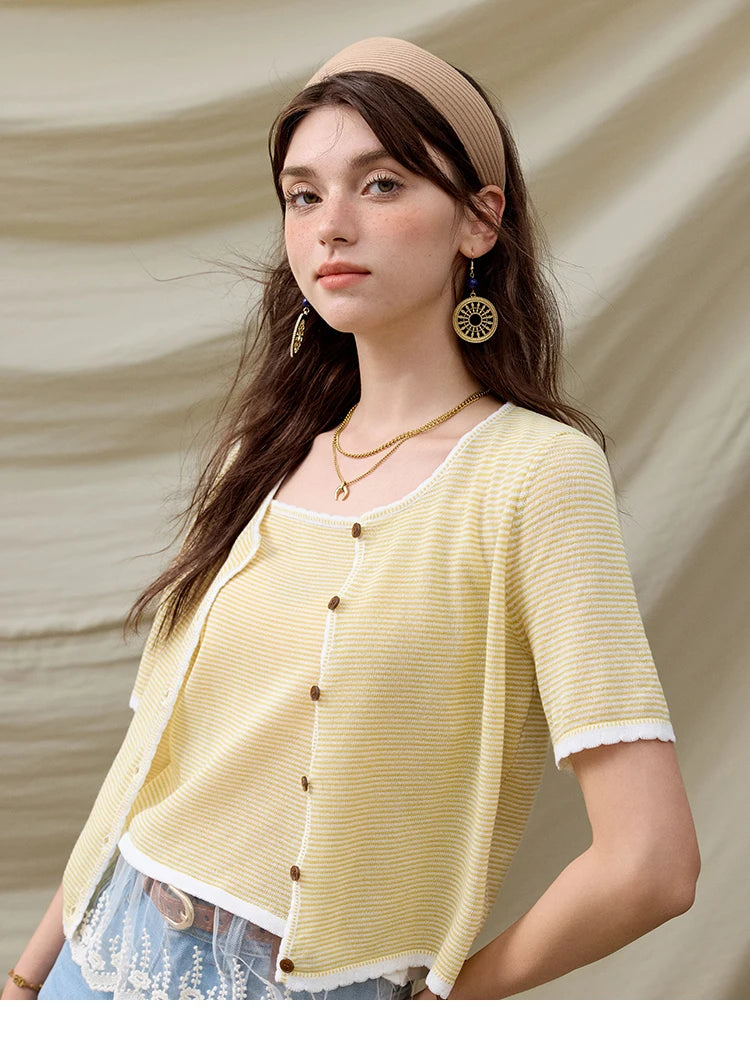 MISHOW Summer Camisole Cardigan Sets for Women 2025 Short Sleeve Round Neck Hem Lace Knitted Tops Female Fashion MXE33T0582