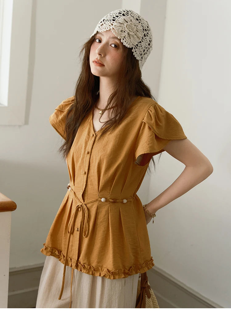 MISHOW Women's Petal Sleeve Slim Shirt 2025 Summer New V-neck Button Bead belt Black Fungus Edge Top Ladies Clothing MXE39X1881