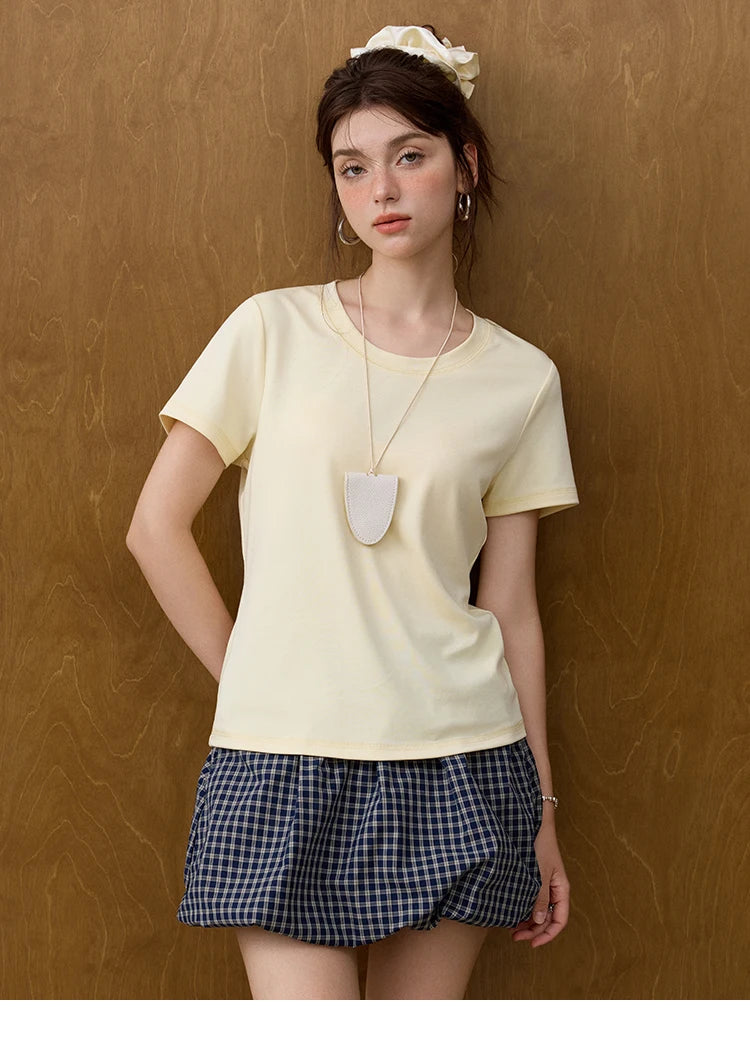 MISHOW Casual Summer T-shirts Women Short Sleeve Round Neck Solid Straight Shoulder Shirt Female Fashion Slimming New MXE31T0532