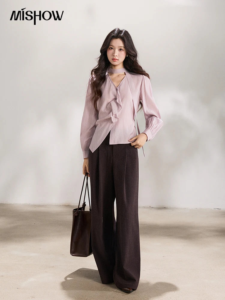 MISHOW Women's Purple Sweet Shirts 2026 Spring Ribbon V-Neck Ruffled Asymmetrical Shirt Back Lace-up Waist Casual Top MXF13X2527
