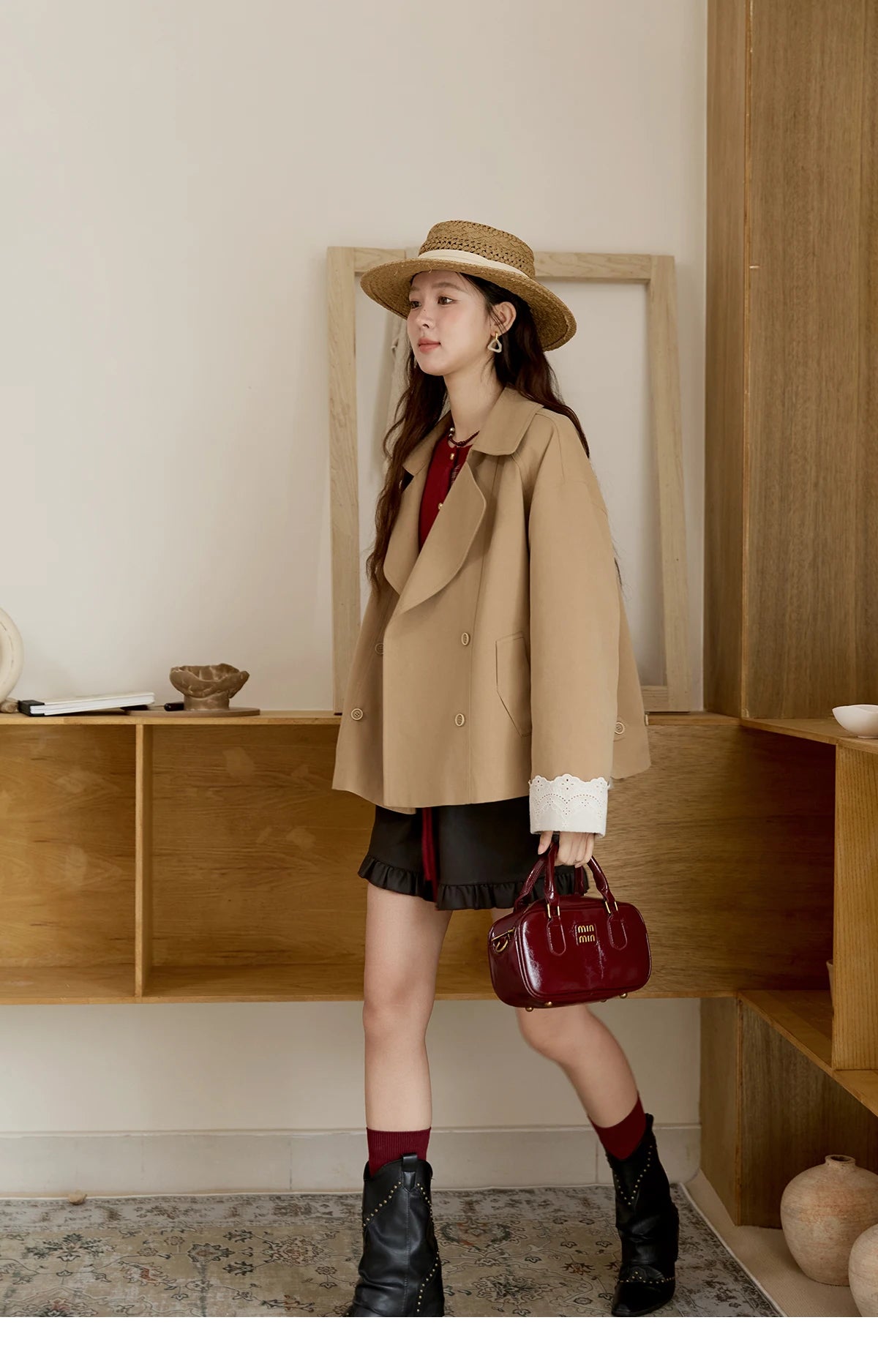 MISHOW Coats for Elegant Women Cotton 2025 Autumn Khaki Ruffled Cuff Splicing Lace Short Trench Coat Casual Jacket MXE45W0831