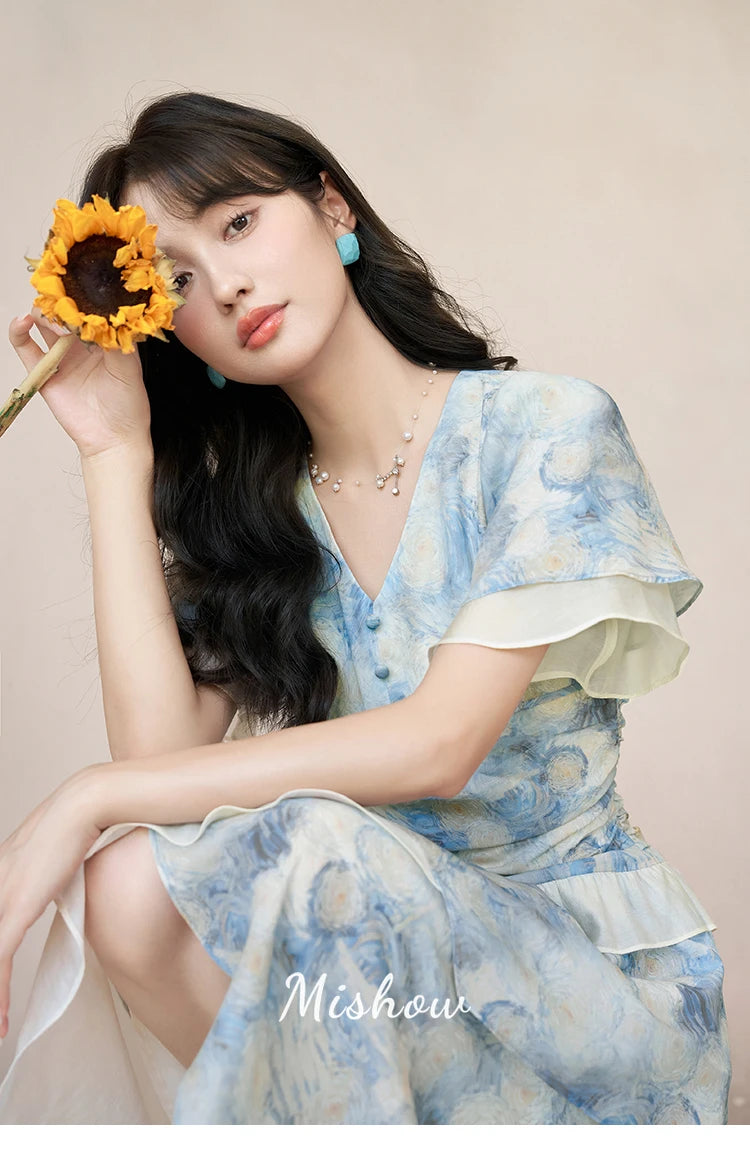 MISHOW [Van Gogh Collection] Fairycore Dresses 2025 Summer Double Layer Sleeves Asymmetrical V-Neck Printing Dress MXC39L1527