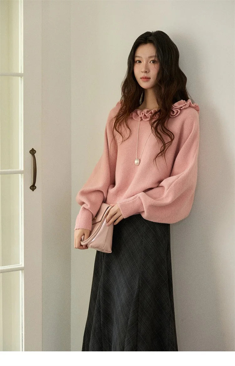 MISHOW Pullovers Women 2025 French Style Orange Lotus Edge Crew Neck Lantern Sleeves Top Slim Luxury Women's Sweaters MXE86Z2726