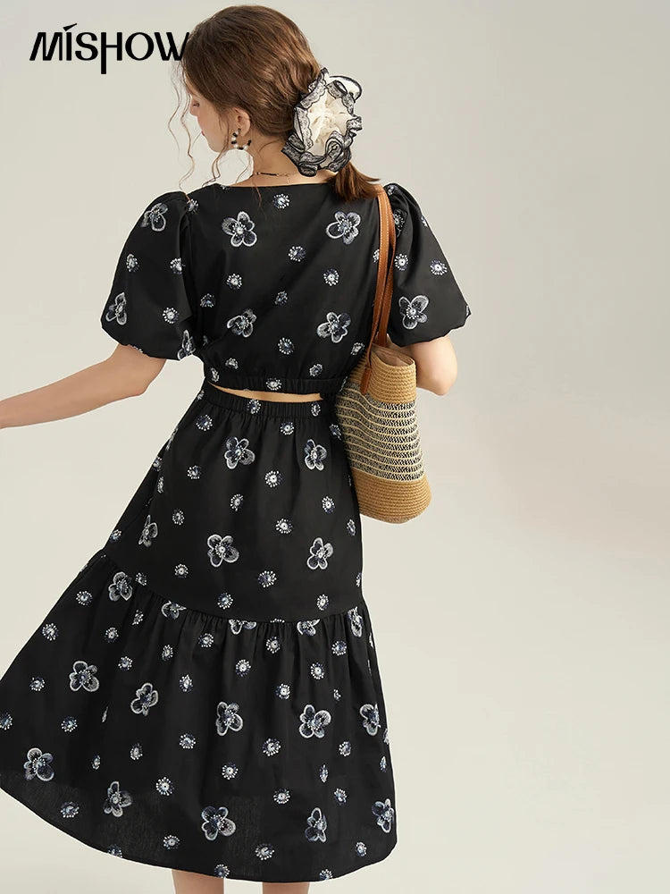 MISHOW High Waist Slim Floral Printing A-line Skirts Temperament Mid Length Skirt 2025 Summer Elastic Waist Skirt MPD21B0398