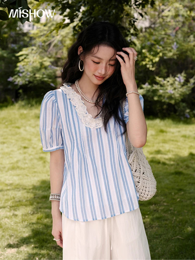 MISHOW 2025 Summer New 100% Cotton Striped Blouse Women Fashion Lantern Sleeve Lace V-neck Casual Top Ladies Clothing MXE36X1845
