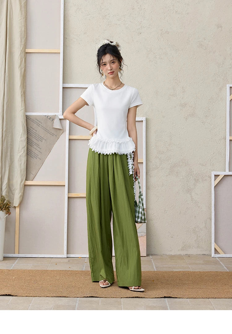 MISHOW White Ruffled T-shirt for Women Summer 2025 Round Neck Loose Slim Cotton Casual Tees with Red Lanyard Necklace MXE34T0557