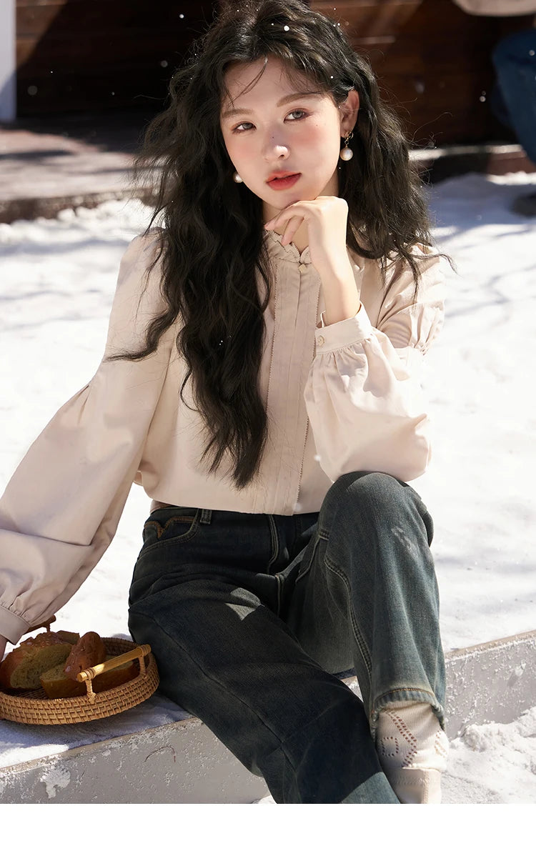 MISHOW French Autumn Winter Button Up Lantern Long Sleeve Shirts Women Ruffle Neck Thick Warm Blouse Flannel Shirt MXC56X1320