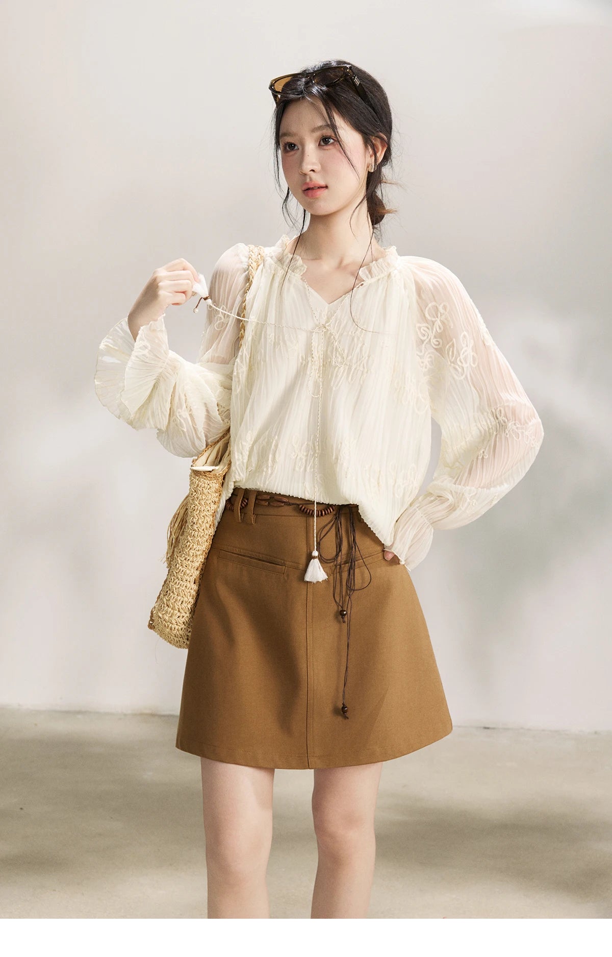 MISHOW Women's Tassel Tie Flower Embroidered Blouse 2026 Spring V-Neck Lantern Sleeves Top Casual Loose Sheer Blouses MXF13X2525