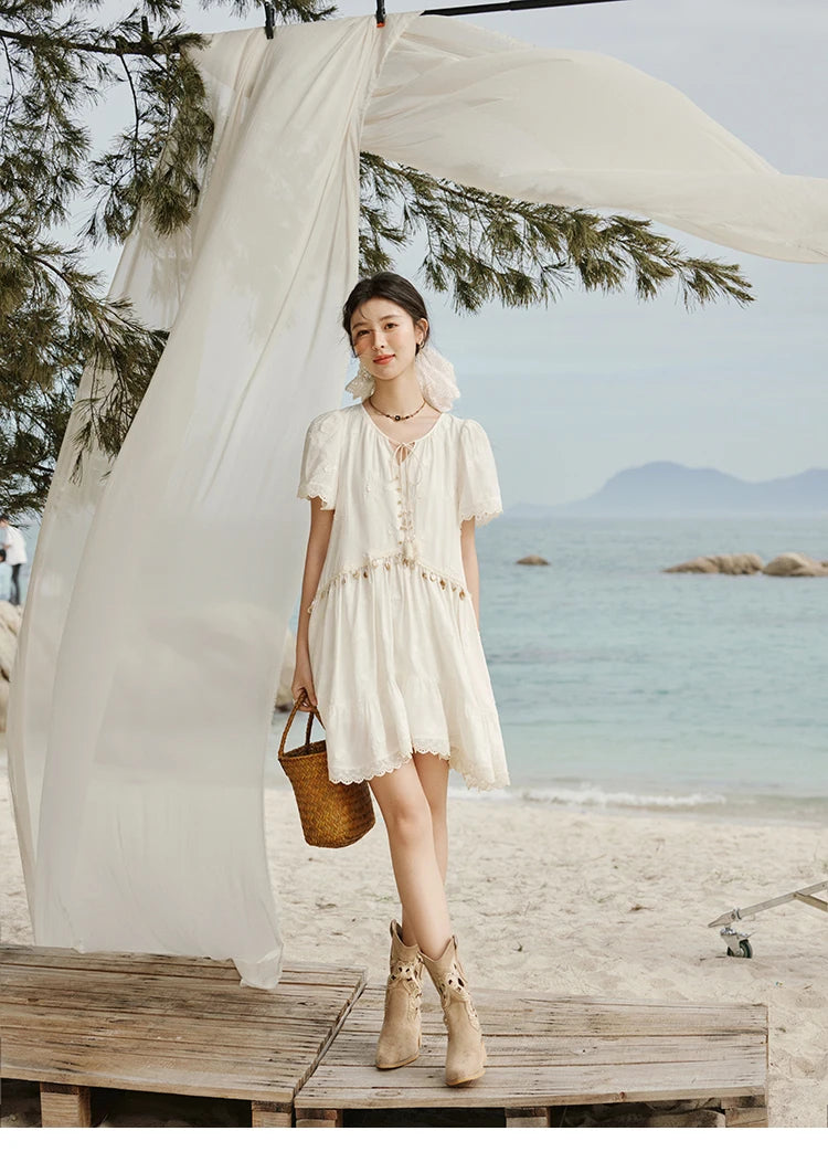 MISOHW Bohemian Solid Women's Summer Dress New 2025 Short Sleeve V-neck Shell Lace Midi Dresses for Woman Fashion MXE33L2195