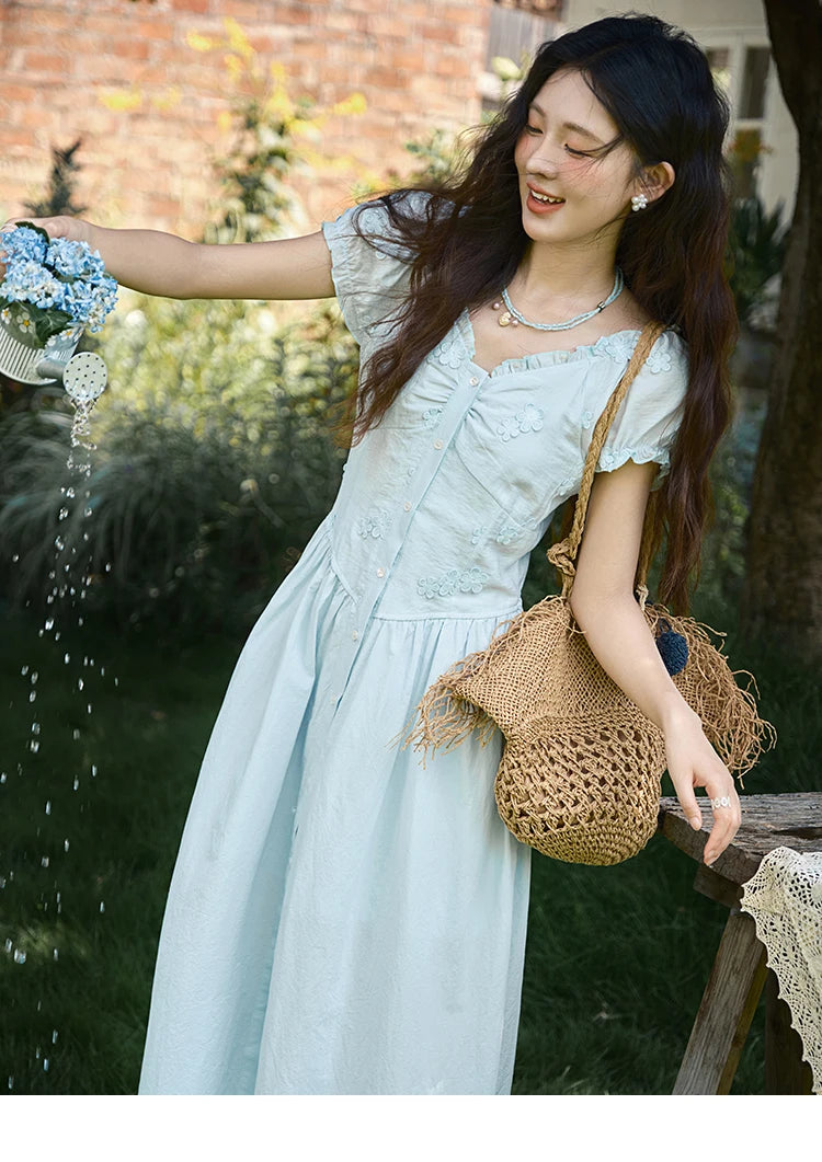 Mishow V-Neck Mushroom Edge Embroidery Button Dress MXE39L2407