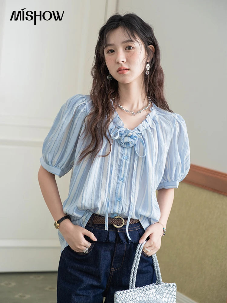 MISHOW Women's Striped Casual Shirt 2025 Summer New Lady Fashion Puff Sleeve V-Neck Button Blue Shirt Female Clothing MXE36X1870