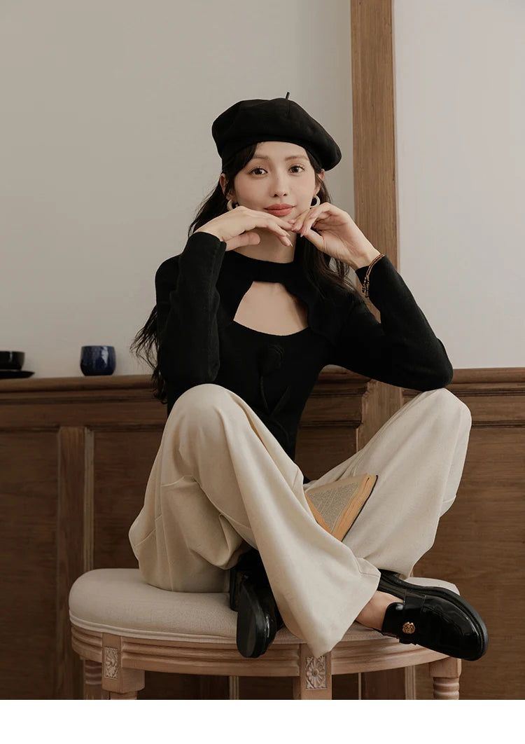 MISHOW Women’s Black Tulip Knitted Sweater French Vintage Hollow Out Sweaters Mock Neck 2024 Fall Elegant Slim Top MXD42Z0731