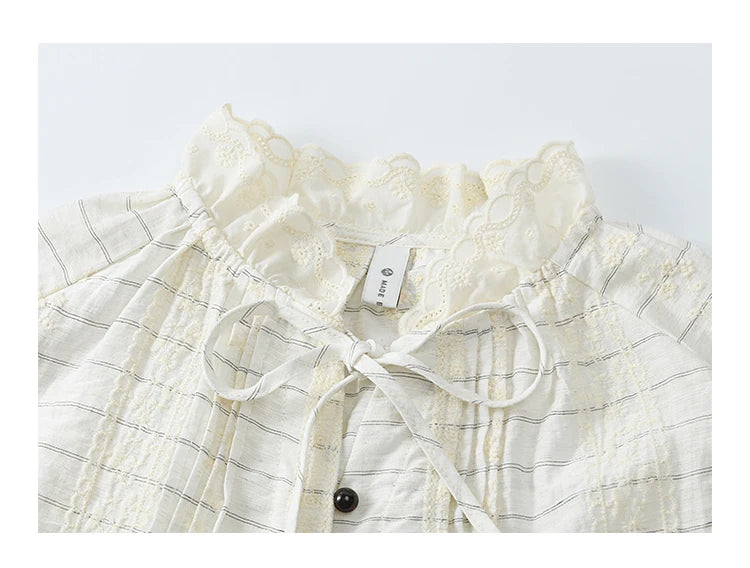 MiSHOW French Striped Blouses Women Spring New 2025 Long Sleeve Lace Collar Shirts Female Fashion Solid Chiffon Tops MXE12C0387