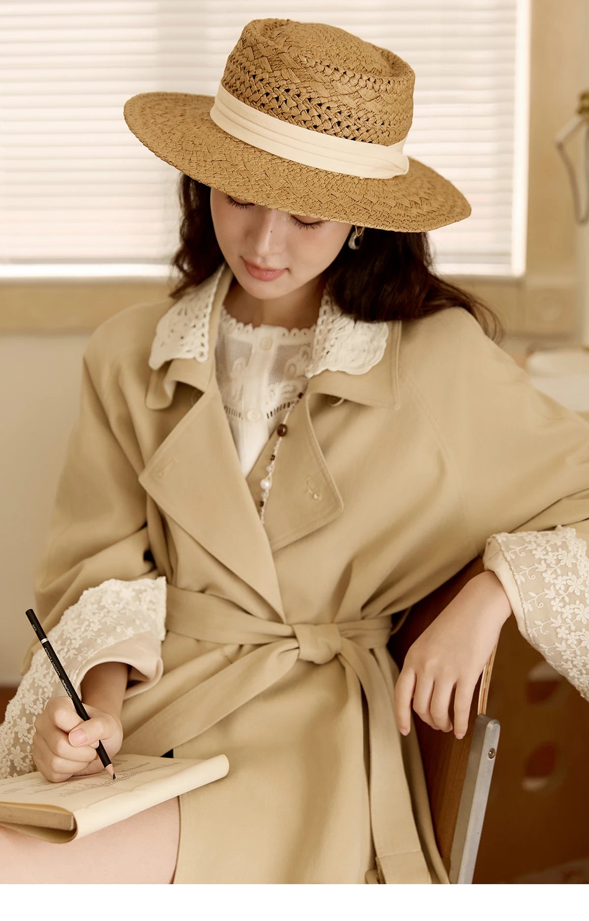 MISHOW Trench Coat Women 2025 Autumn Fashion Light Khaki Lace Long Windbreaker Jacket Long-sleeved Coat with Belt MXE45W0830