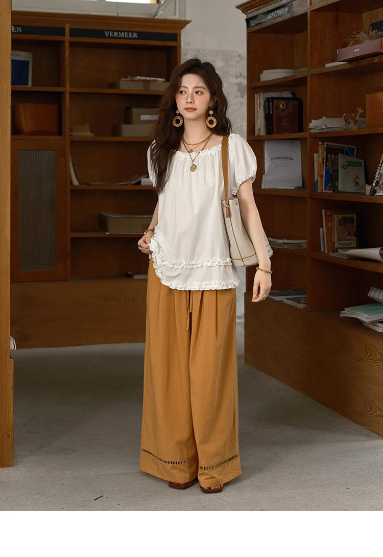 MISHOW Women's Fashion Puff Sleeve Blouse 2025 Summer Casual O-Neck Edible Tree Fungus Spliced Top Female Clothing MXE39X1929