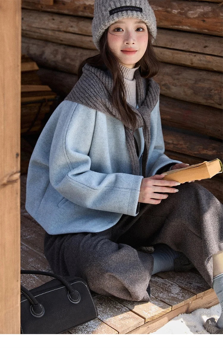 MISHOW Woman Blue Wool Coat with Shawl 2025 Winter Elegant Fashion Crew Neck Single-breasted Short Loose Thick Coat MXE87W0943