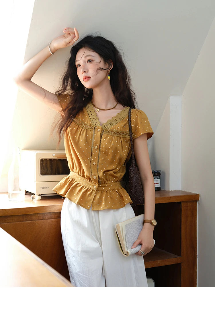 MISHOW Women's V-neck Lace Splicing Blouse 2025 Summer New Ladies Fashion Polka Dot Hollow Ruffle Button Female Top MXE38X1847