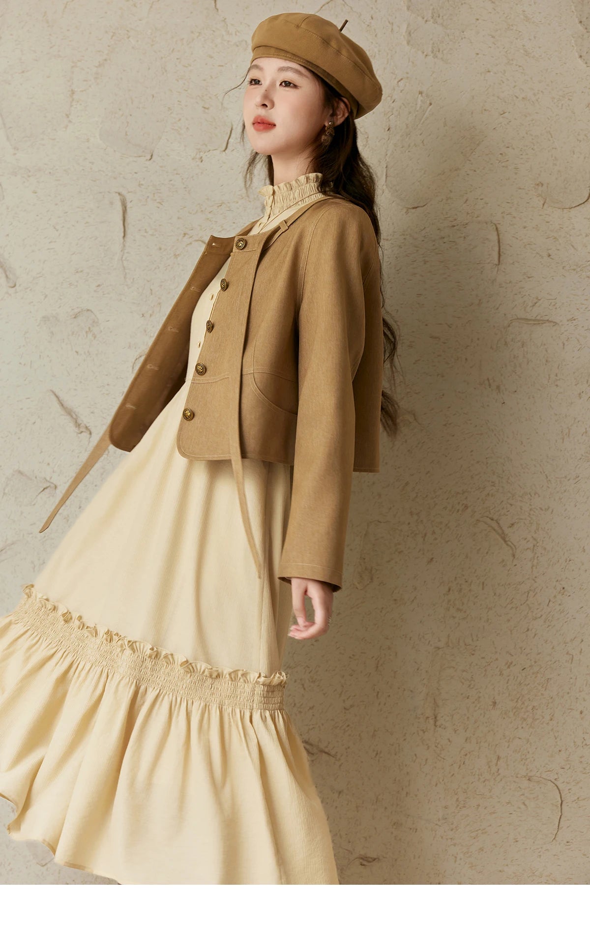 MISHOW French Stand Neck Elasticity Dress 2024 Autumn Waist Elegant A-line Dresses Elastic Lotus Leaf Sleeves Dress MPD42L2036